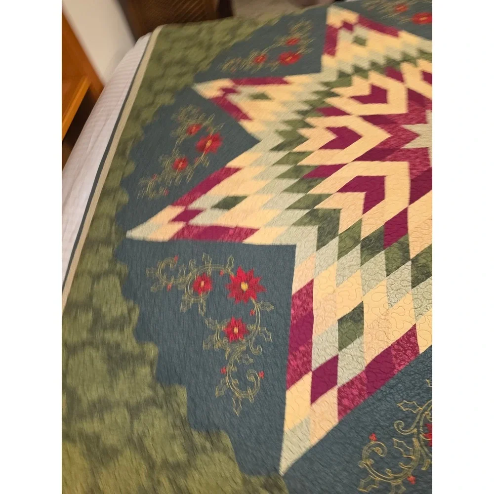 Handcrafted Lonestar Cotton Quilt Poinsettia Embroidered Christmas 90x90 Green